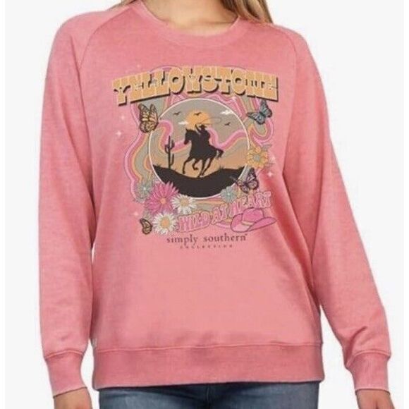 NWT‎ Simply Southern Yellowstone Wild At Heart Pink Crewneck Fleece Sweatshirt L - Picture 1 of 7